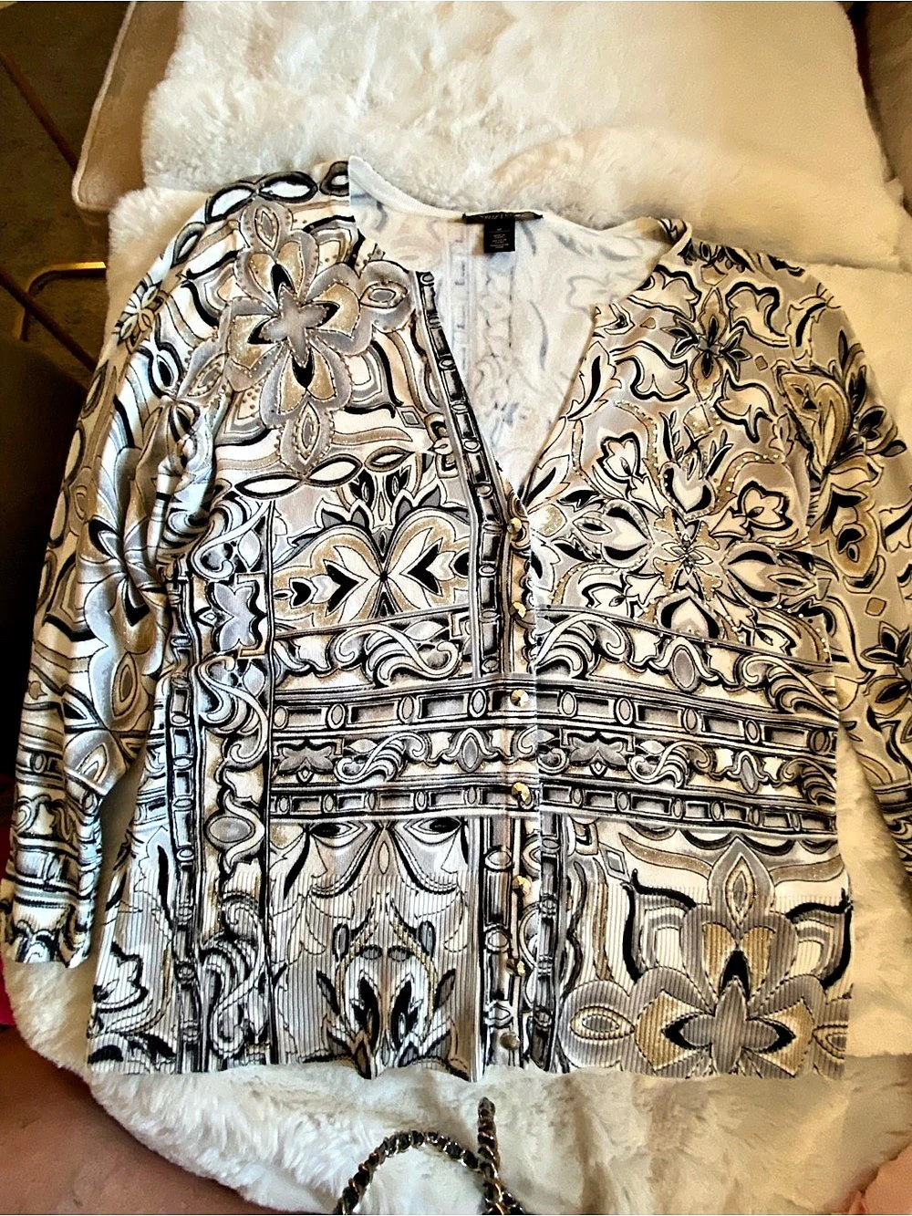 White House Black Market Abstract Print Long Sleeve Blouse White & Black Medium